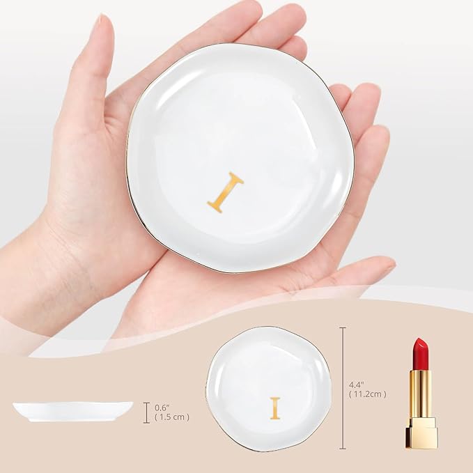 ProCase Ceramic Jewelry Tray, Initial Ring Dish Trinket Plate Engagement Gift, Small Personalized Monogram Ring Bowl for Wedding, White Decorative Jewelry Holder for Women Vanity -Letter I