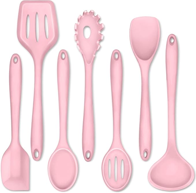 P&P CHEF Silicone Cooking Utensils Set of 7, Heat-proof Kitchen Utensils Set for Nonstick Cookware, Non-stick Spatula, Slotted Turner, Soup Ladle, Pasta Server, Spoon for Cooking Serving - Pink