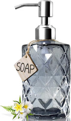 JASAI Diamond Design Glass Soap Dispenser with 304 Rust Proof Stainless Steel Soap Pump, 12 Ounce Kitchen Soap Dispenser for Bathroom, Hand Soap, Dish Soap (Grey)