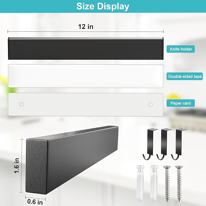 Magnetic Knife Holder With 3 Hooks, 12 Inch Knife Magnetic Strip No Drilling Adhesive Magnetic Knife Holder for Wall Mount Fridge Refrigerator, Magnet Bar Tool Holder Organizer RV Kitchen Gadgets