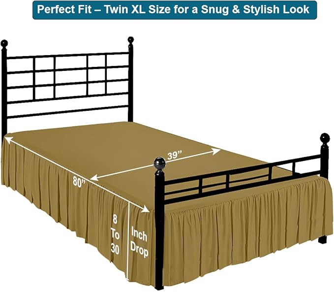 Shreem Linen Ruffled Bed Skirt with Split Corners, Gathered Style, 100% Microfiber, 8-Inch Drop, Dust Ruffle Bedskirt with Platform, Twin-XL, Taupe