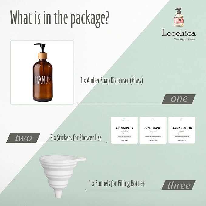 LOOCHICA Hand Amber Glass Soap Dispenser with Pump, Amber Hand Soap Dispenser, Refillable Reusable Apothecary Soap Pump Dispenser Bottles for Bathroom and Kitchen Use