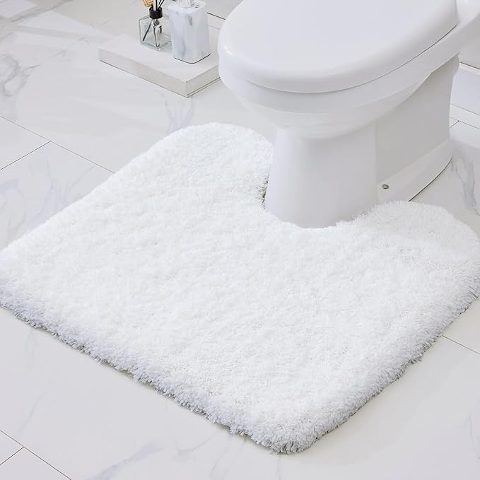 White Toilet Rug 22x24 Non Slip Fluffy Toilet Floor Mat U Shaped Washable Bathroom Contour Rug for Toilet Absorbent Shaggy Toilet Foot Rug