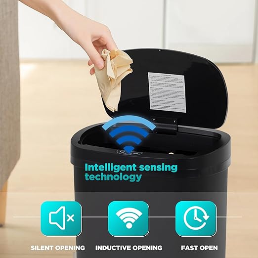 PayLessHere | 13 Gallon Plastic Trash Can | Black | Automatic Touchless Lid with Motion Sensor | Kitchen Garbage Can with Waterproof Design | for Home, Office, Bathroom | Pack of 1
