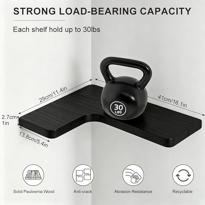 Floating Corner Shelves, Wall Shelf Set of 3, Shelves for Wall Storage, Solid Wood Shelves for Storage, Wall Mount Wooden Display Shelf for Bathroom Bedroom Kitchen Garage (Black 3 Pcs)