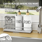 Moforoco Kitchen Dish Soap Dispenser Set, 16OZ Glass Bottle, Hand and Dish Soap Dispenser Set, Instant Dry Tray, Brush Holder with Smiley Face Sponge Holder (Silver Tray+White Bottle)