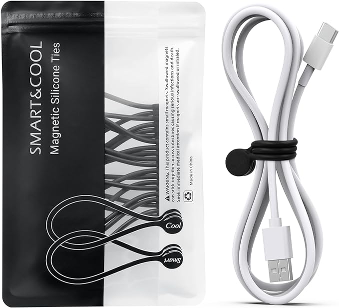 SMART&COOL Reusable Silicone Magnetic Cable Ties for Bundling and Organizing, Holding Stuff, Book Markers, Fridge Magnets, Assorted Color, 7.16'' (10-Pack, Black)