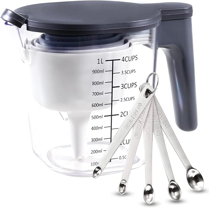15 Pieces Measuring Cups and Spoons set, Includes 10 Stackable Measuring Cup with Lid and 5 Mini Stainless Steel Measuring Spoons, Teaspoons for Liquid and Dry, BPA Free, Dishwasher Safe