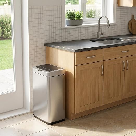 ELPHECO 13.2 Gallon Trash Can with Lid Motion Sensor, 50 Litre Brushed Stainless Steel Kitchen Trash Can Automatic with 10 Bags, Upgraded Silent-Closing, Fingerprint-Resistant, Kitchen, Office, Silver