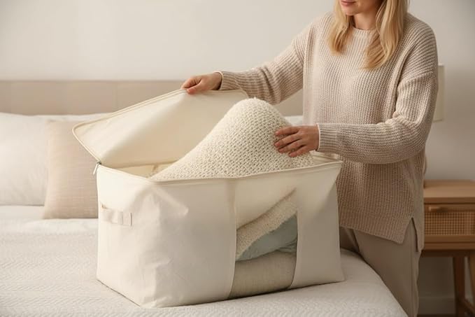DoYiKe Soft Large Canvas Comforter Storage Bags with Four Carrying Handles and Clear Window, Closet Organizer for Clothing, Blankets Sheets Pillows and Bedding, 80L, 4 Pack, White