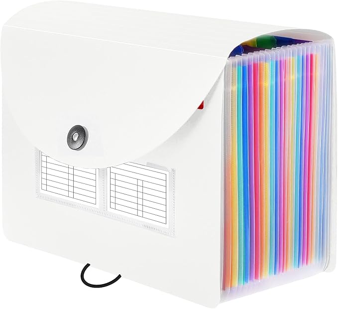 Sooez 24 Pockets Expanding File Folder with Blank Labels, According File Organizer with Expandable Cover, Desktop Accordion Folders Letter A4 Paper Document Storage Organizer, White