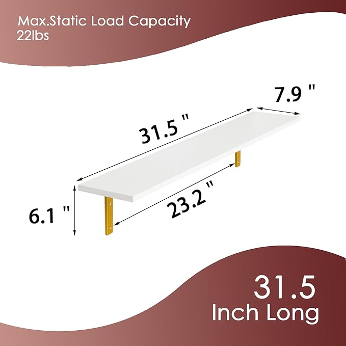 DINZI LVJ Long Wall Shelves, 31.5" Wall Mounted Shelves Set of 4, Large Floating Shelves with Metal Brackets, for Living Room, Bathroom, Bedroom, Kitchen, White and Gold