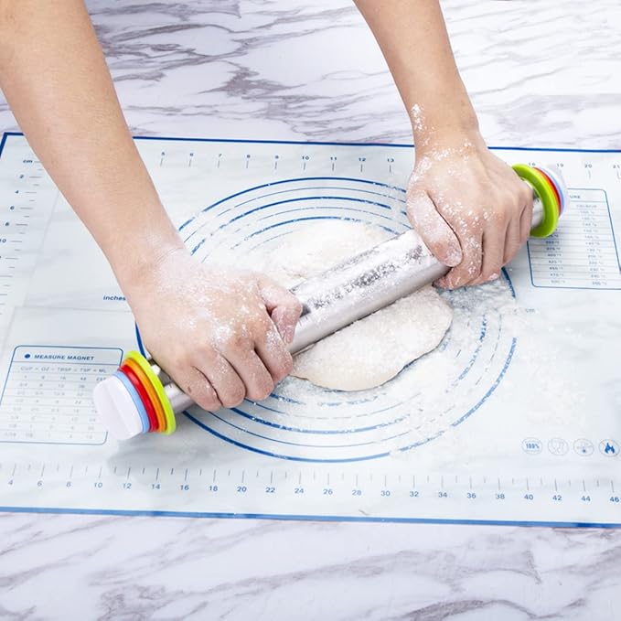 Rolling Pin and Pastry Baking Mat Set, Rolling Pins with Adjustable Thickness Rings, Stainless Steel Dough Roller for Baking Fondant, Pizza, Pie, Pastry, Pasta, Cookies (Blue)
