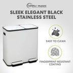 Simpli-Magic 70 Liter / 18.5 Gallon Rectangular Hands-Free Dual Compartment Recycling Kitchen Step Trash Can with Soft-Close Single Lid, Stainless Steel (40L x 30L Capacity), White