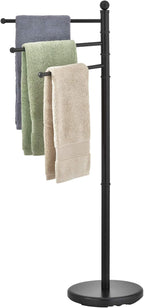 MyGift Standing Towel Rack for Bathroom,40 Inch Freestanding Towel Rack with 3 Swivel Bar Arms, Matte Black Hanging Towel Holder Drying Rack