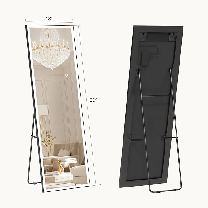 Kosmonia 56×18 LED Full Length Mirror with Lights - Wall Mounted Vertical Vanity Mirror for Bedroom & Bathroom, Full Body Backlit, Adjustable Brightness, Tempered Glass