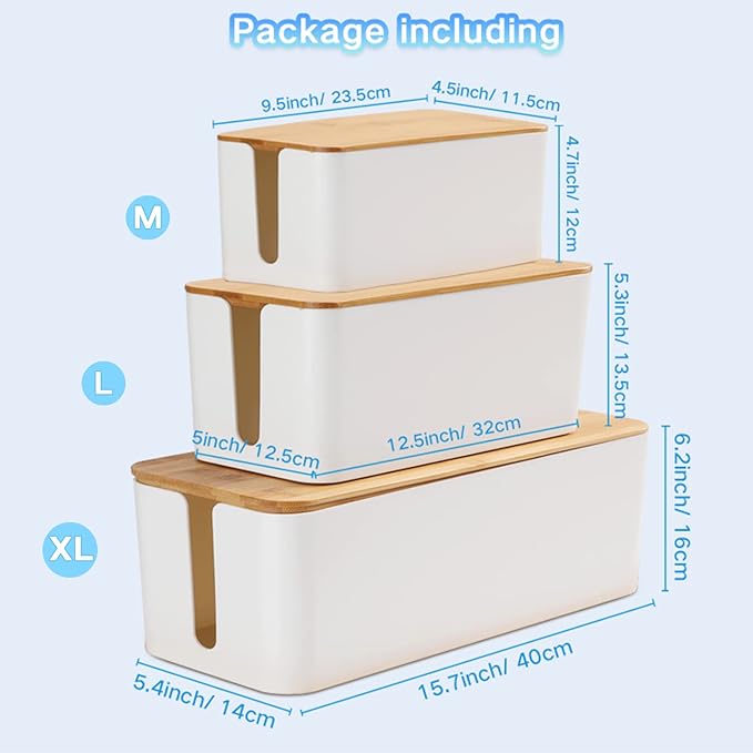Cable Management Box Organizer, Set of 3 Bamboo Lid Storage Wires Holder to Cover Hide Surge Protector, Power Strips & Cords- with 5 Cables Fastening Tapes for Home, Office, Desk, PC, TV, USB Hub