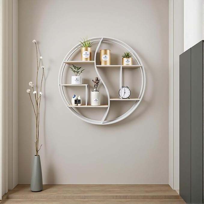 Round Wall Shelf,24 inch Metal Circle Wood Floating Shelves,Rustic White Wall Mounted Display Organizer Shelf for Fireplace,Living Room,Bathroom