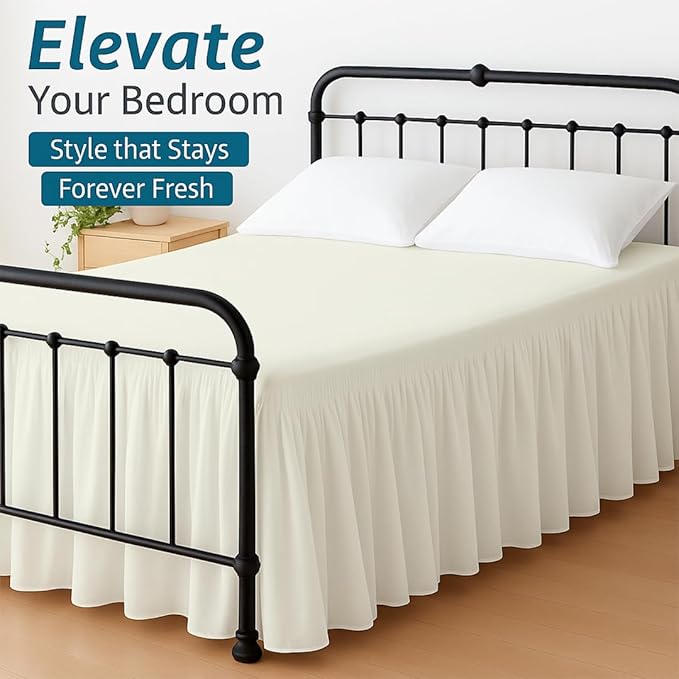 Shreem Linen Ruffled Bed Skirt with Split Corners, Gathered Style, 100% Microfiber, 30-Inch Drop, Dust Ruffle Bedskirt with Platform, Full-XL, Ivory