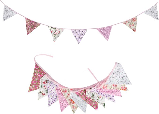 Zwiebeco 32Ft Pink Purple Rustic Floral Fabric Pennant Banner Triangle Flags Cotton Retro Flowers Bunting Party Decorations for Birthday Engagement Wedding Spring Vintage Village Home Garden Decor