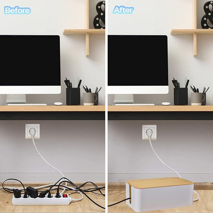 Cable Management Box Organizer, Set of 3 Bamboo Lid Storage Wires Holder to Cover Hide Surge Protector, Power Strips & Cords- with 5 Cables Fastening Tapes for Home, Office, Desk, PC, TV, USB Hub