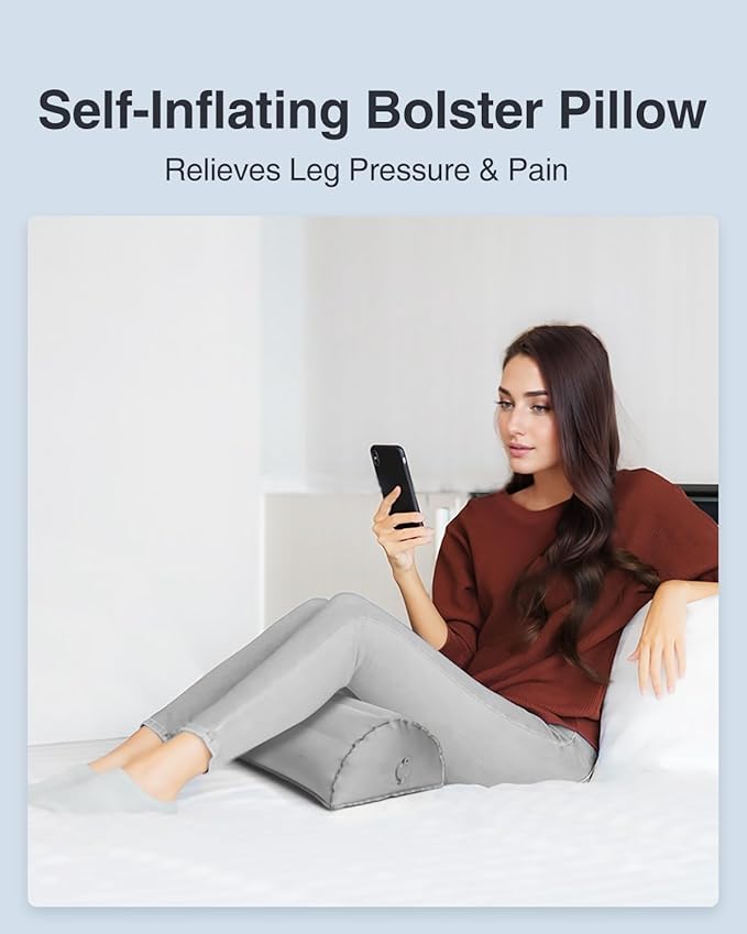 Luxtude Inflatable Bolster Pillow for Legs, Half Moon Pillow Knee Pillow for Back Sleeping, Leg Pillow for Side Sleeping, Leg Elevation Pillow for Knee Support, Lower Back & Head, Ankle and Foot