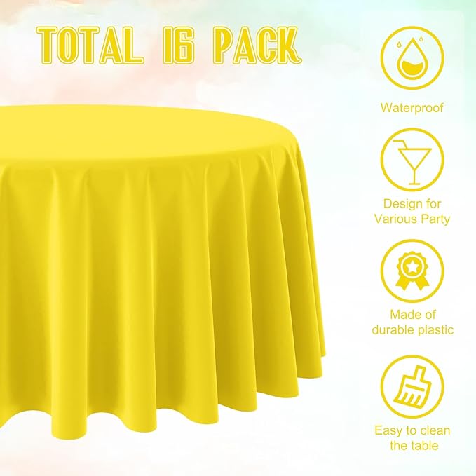 Ragnhild 16 Pack Yellow Plastic Round Tablecloth, 84 Inch, Waterproof & Stain Resistant, Perfect for Birthday Parties, Graduations, Weddings, Everyday Use