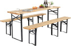 VINGLI 70 Inch Folding Picnic Tables with Benches Set, Weather-Resistant Wooden Beer Garden Table Bench, 3-Piece Portable Fold Up Camping BBQ Table w/Carrying Handles,Natural Wood Color
