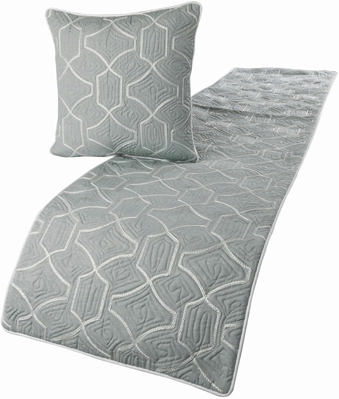 The HomeCentric King Queen Twin Grey Blue Bed Runner with 2 Decorative Throw Pillow Cover, Full Size 68"x18" Bed Runner with Pillow Cover, Linen Quilted Embroidery, Modern Contemporary - Atmosphere
