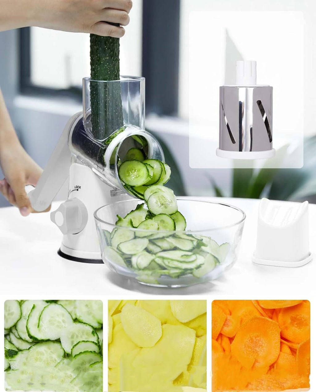 Rotary Cheese Grater Hand Crank, Grater For Kitchen With Reinforced Suction - Rotary Cheese Grater With 3 Replaceable Stainless Steel Blades - Easy to Use & Clean - Vegetable Cutter (White)