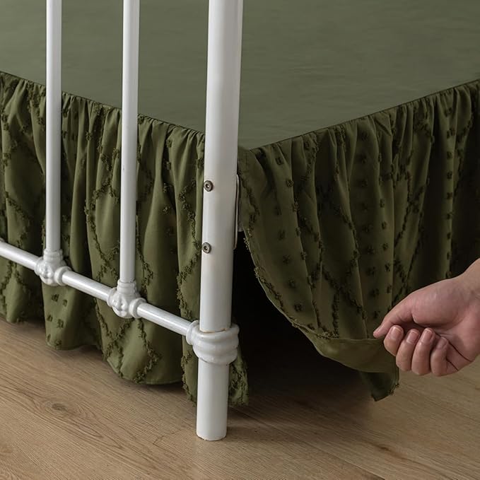 Bed Skirt Queen Size Ruffled Bed Skirt with Split Corners, 18 Inch Drop Dust Ruffle Bed Skirts with Platform, Boho Tufted Shabby Chic Queen Size Bed Skirts, Olive Green