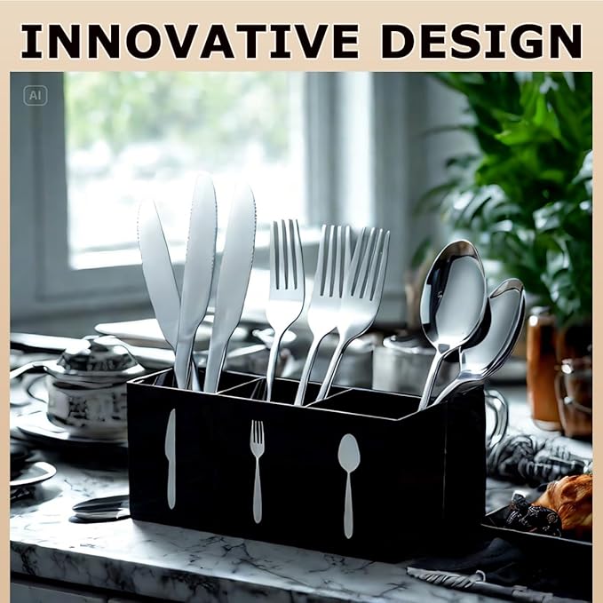 Silverware Organizer Countertop,Acrylic Small Silverware Caddy for Countertop,Knife Fork and Spoon Organizer for Kitchen Storage,Cabinet and Dining Room(Black)