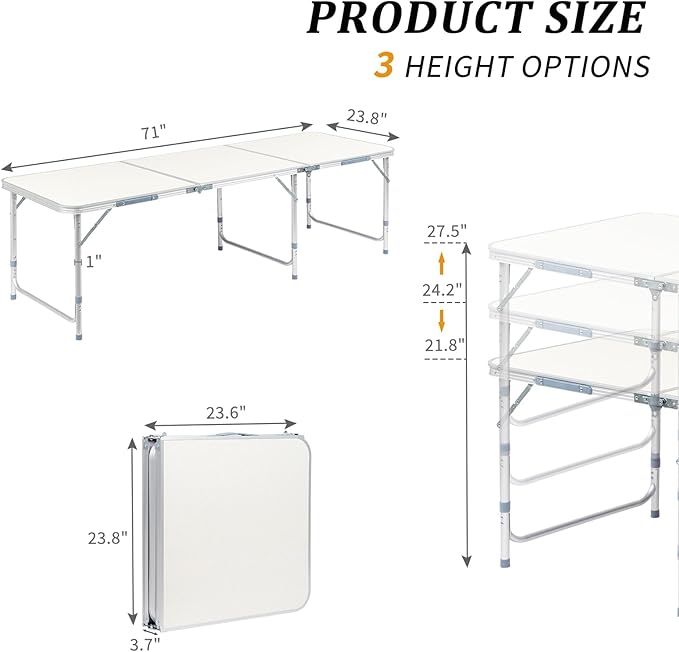 Outvita 6ft Portable Folding Camping Table, Outdoor Waterproof Adjustable Height Table, Aluminum Lightweight Suitcase Foldable Table for Picnic BBQ Beach Dining