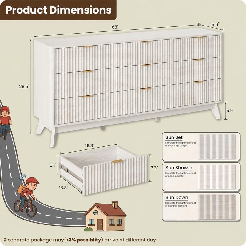 63" Wide Fluted 9 Drawers Dresser for Bedroom,Curved Edge,White