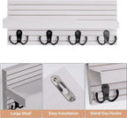 Decorative Key Hanging Rack with 4 Double Hooks – Easy Install Natural Wooden Key and Mail Holder for Wall Mount – Entryway Decor Rack with Shelf (White)