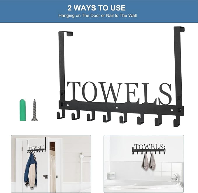 Azmoncy Over The Door Hooks, Towel Rack for Bathroom Towel Holder for Hanging Heavy Duty, Wall Mount Towel Hanger with 8 Hooks for Bedroom Bathroom Pool Kitchen Towels, Bag, Coats, Black