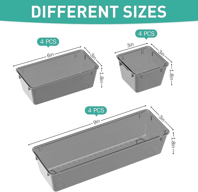 WOWBOX 12 Pack Clear Drawer Organizer Set, Acrylic Drawer Storage Trays, Storage Bins for Makeup, Cosmetics, Jewelries, Utensils, Gadgets, Office, Black