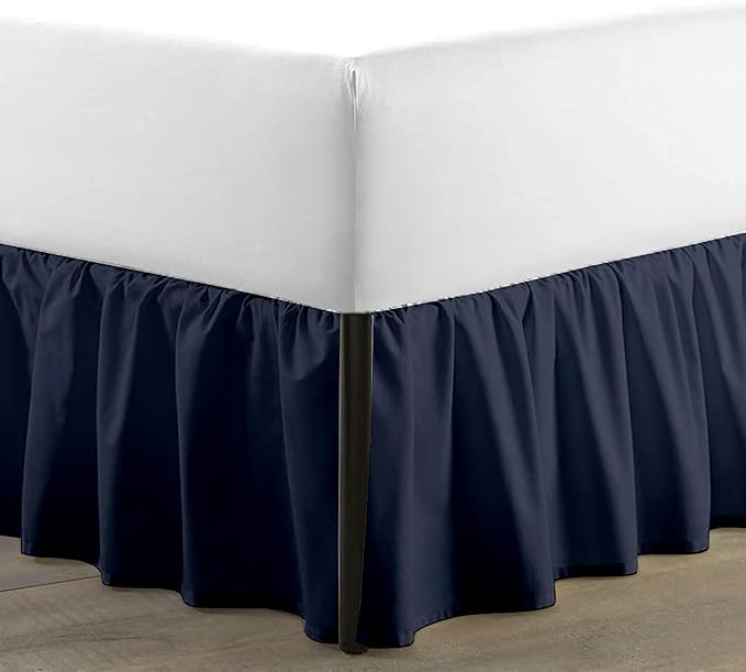 SKY BEDDINGS - Twin Size Ruffled Bed Skirt with Split Corners - 12 Inch Drop Dust Ruffle Bed Skirt with Platform Three Sided Coverage - 100% Microfiber, Navy Blue