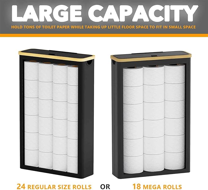 SpaceAid Extra Large Toilet Paper Storage with Lid, Hold up to 24 Regular Rolls or 18 Mega Rolls, Slim Toilet Paper Basket Holder Bin Container, Bathroom Accessories Organizer, Black