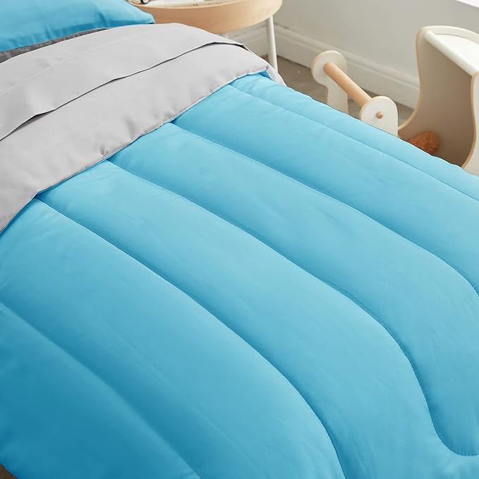 UOZZI BEDDING 4 Pieces Toddler Bedding Set Ultra Soft and Breathable Toddler Sheet Set - Includes Comforter, Flat Sheet, Fitted Sheet and Pillowcase - Blue & Gray