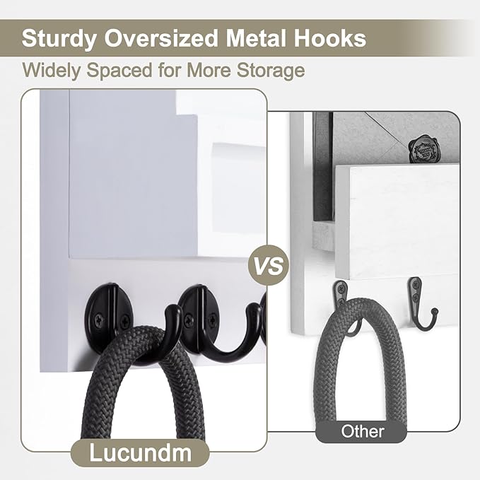 Key and Mail Holder Wall Mount, Key Hanger with Long Storage Box and 5 Hooks for Coat, Dog Leash, Home Decor Rack, House Accessories, Entry Way Organizer 11.8”W x 7.8”H x 3.2”D