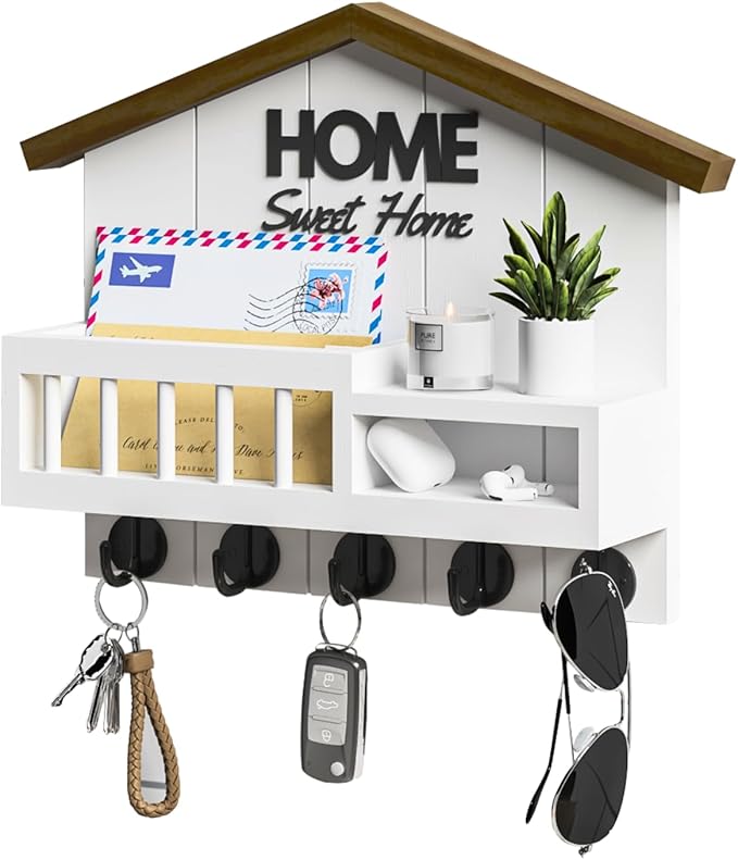 Key and Mail Holder for Wall, Wall Key Holder with Shelf, Key Rack Wall Mount, Wood Key Holder Wall Mount White, Mail Organizer Wall Mounted, Entryway & Front Door Key Holder with 5 Hooks