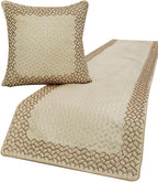The HomeCentric King/Queen/Twin Ivory & Gold Designer Twin 53"x18" Bed Runner Without Pillow Cover, Mosaic & Beaded Bed Scarf on Jacquard Fabric - Tessellation