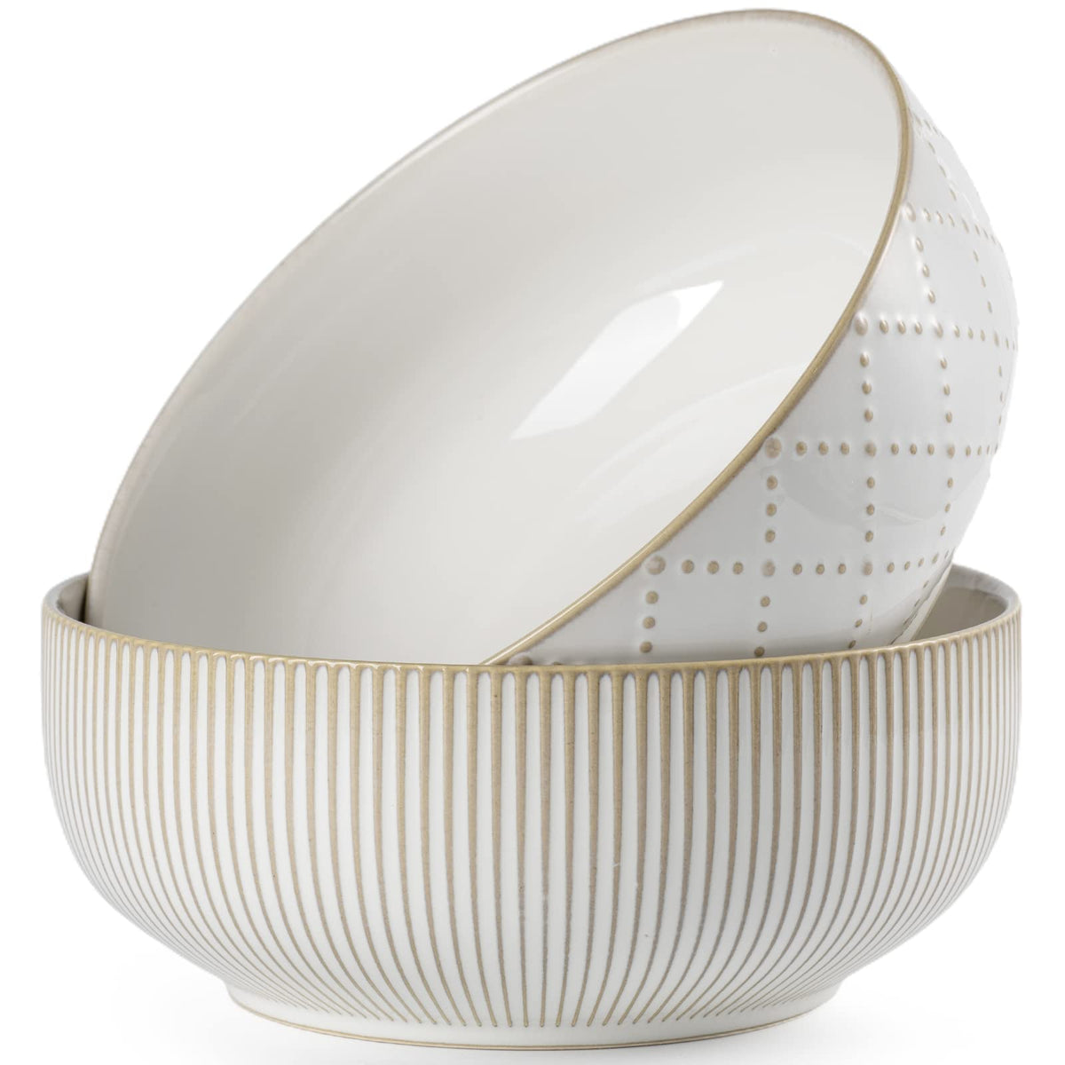 getstar Large Serving Bowls (8 inch & 60 fl oz), Ceramic Salad Bowl Set of 2, Microwave and Dishwasher Safe, Farmhouse Kitchen Decorative Bowls Set (Embossed Stripes & Stars)