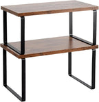 Cabinet Organizer Shelf, Set of 2 Expandable Kitchen Countertop Shelves with Spice Rack - Stackable Storage in Metal and Wood15.7 inches (Brown)