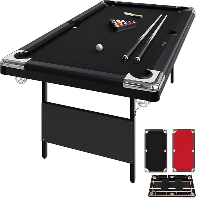 7 Foot Pool Table for Family, Foldable No Assembly Pool Table with Balls, Cues, Chalk, Rack & Brush, Portable Billiards Game Table for Apartment, Basement, Office & Game Room