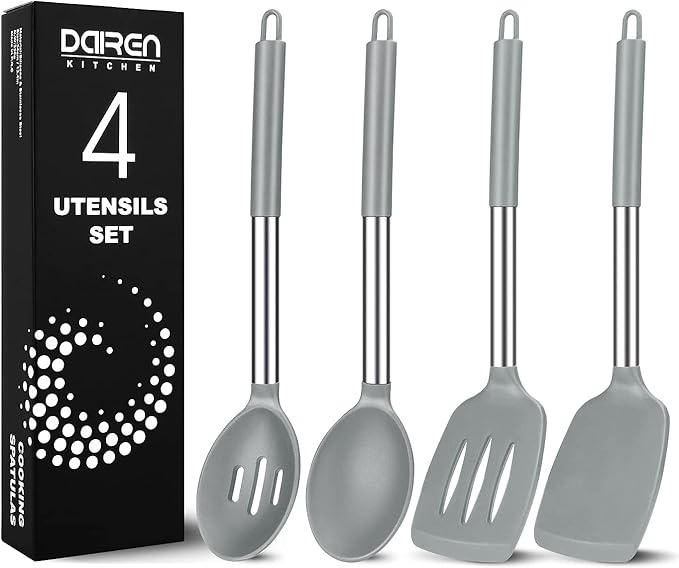 Pack of 4 Large Silicone Cooking Spatulas and Spoons, Slotted and Solid Stainless Steel Cooking Utensils Set, Non-stick Heat Resistant Kitchen for Baking, Fried, Stir-Fry, Mixing, Serving (Grey)