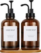 Glass Soap Dispenser with Pump, Dish and Hand Soap Dispenser for Kitchen Bathroom Set, Clear Glass Dispenser Set of 2 Pack with 18 Stickers Funnel Bamboo Tray 500ml 18oz Amber