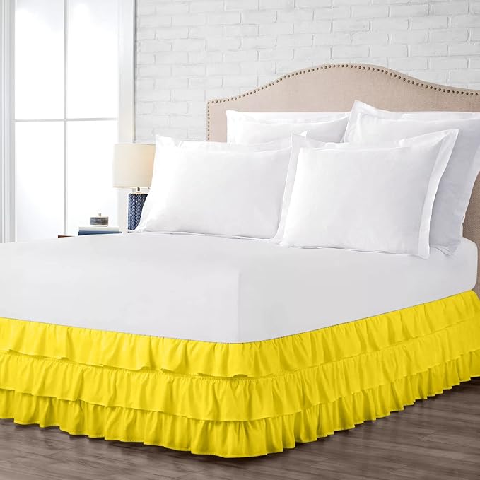 Multi-Ruffle Bed Skirt, Soft Multi Ruffle Bed Skirt Elastic Dust Ruffles with Wrap Around Bed Skirt Easy Fit with 18 Inch Drop 100% Cotton 800 Thread Count Bed Skirt (Queen XL, Yellow)