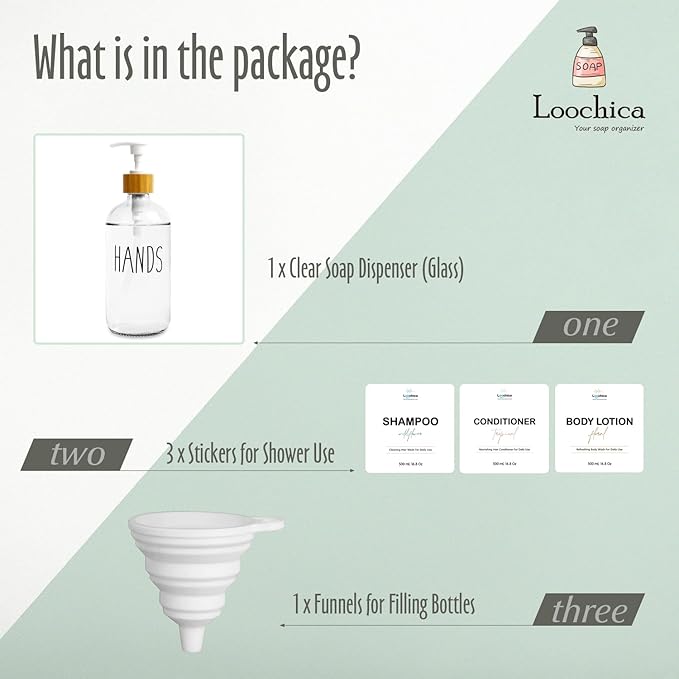 LOOCHICA Clear Glass Soap Bottle - Hands Free Dispenser for Kitchen or Bathroom